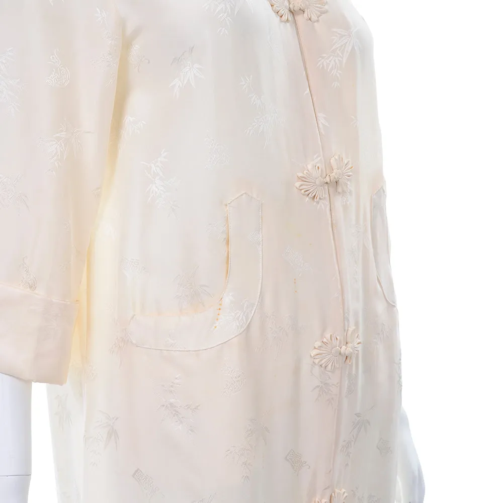 1960s Ivory Silk Chinese Long Housecoat or Cheongsam Size S/M