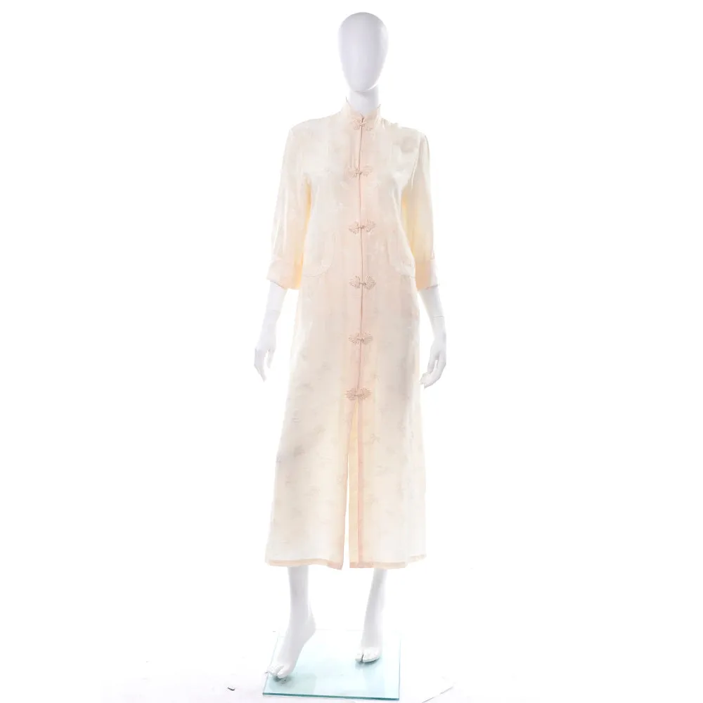 1960s Ivory Silk Chinese Long Housecoat or Cheongsam Size S/M