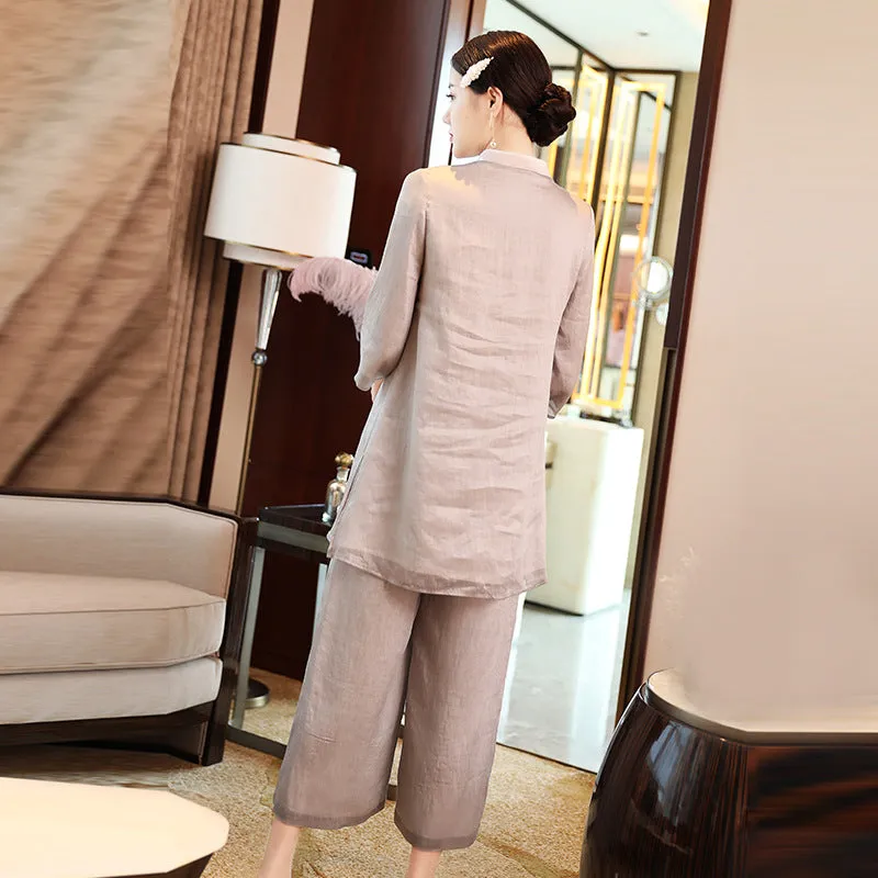 3/4 Sleeve Floral Embroidery Cheongsam Top Women's Suit