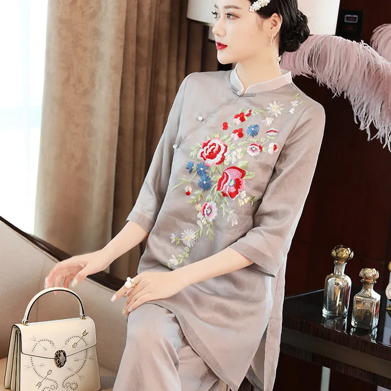3/4 Sleeve Floral Embroidery Cheongsam Top Women's Suit