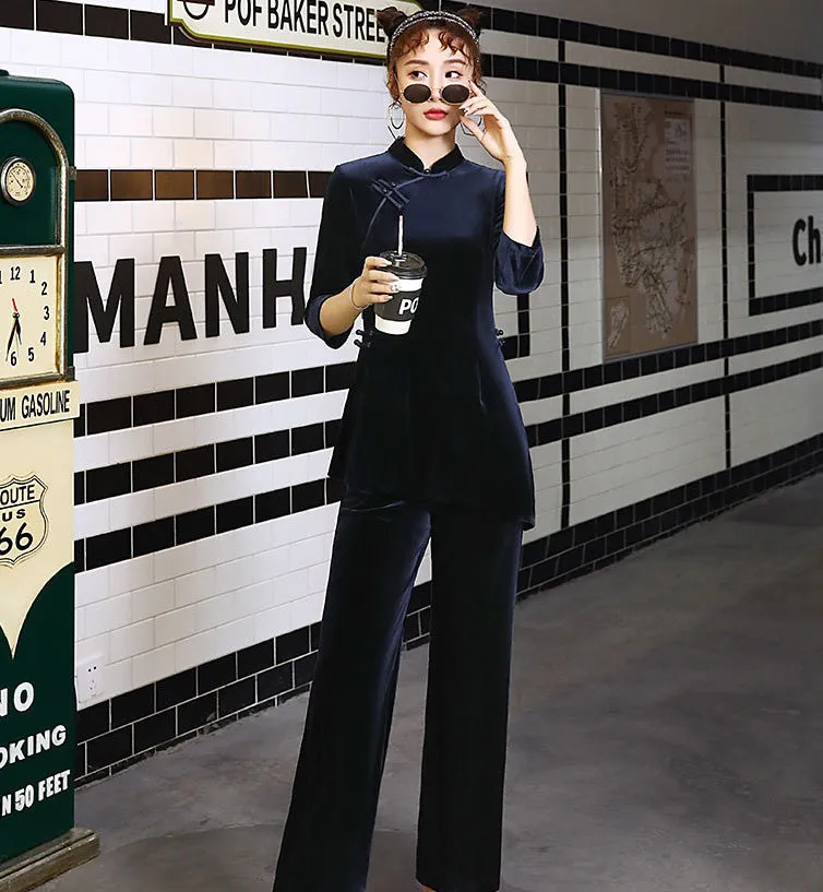3/4 Sleeve Velvet Cheongsam Top & Straight-leg Pants Chinese Suit