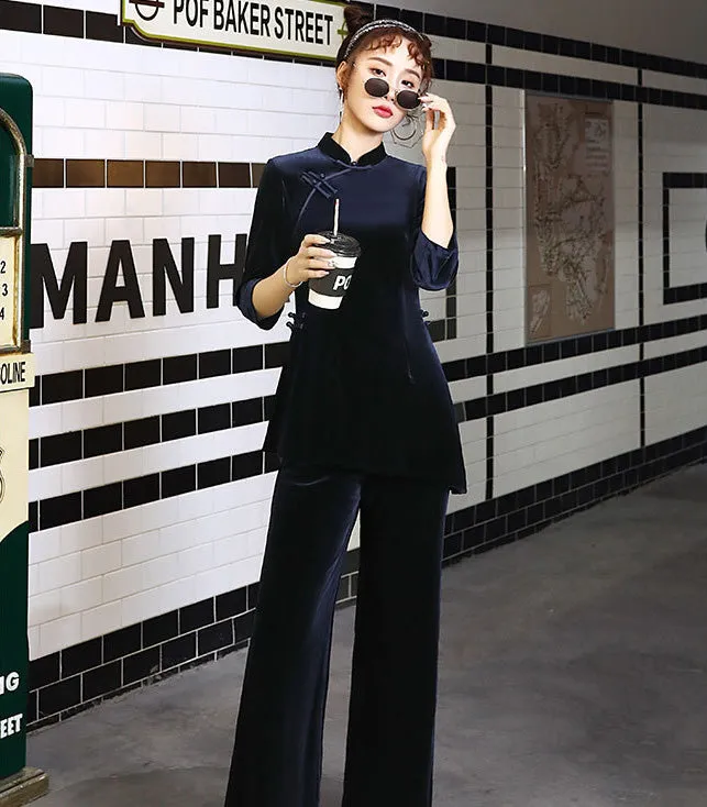 3/4 Sleeve Velvet Cheongsam Top & Straight-leg Pants Chinese Suit