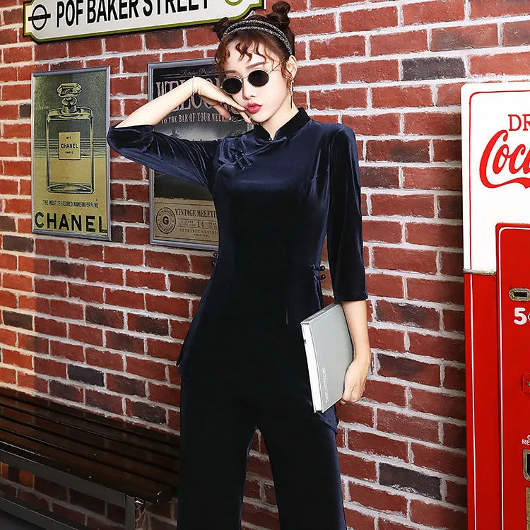 3/4 Sleeve Velvet Cheongsam Top & Straight-leg Pants Chinese Suit