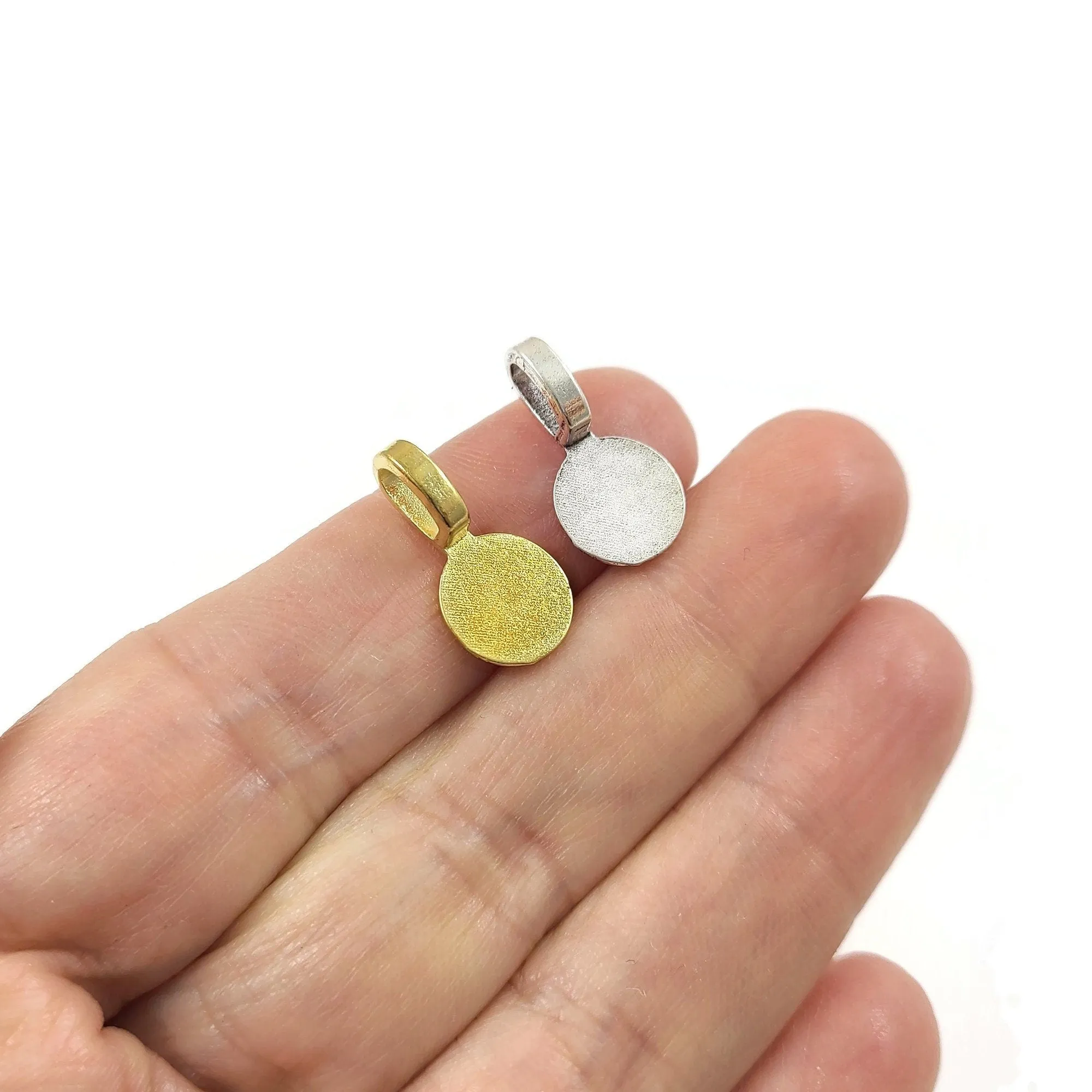 5 hypoallergenic glue on bails, Round flat pad, Gold, Silver