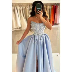 A-line Beaded Strapless Blue Satin Long Prom Dress with Slit Evening Gowns