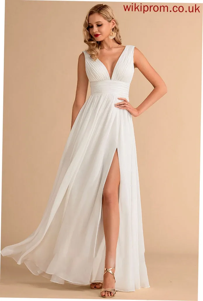 A-Line Dress Front Split Wedding Dresses Floor-Length Chiffon With Sydnee V-neck Wedding