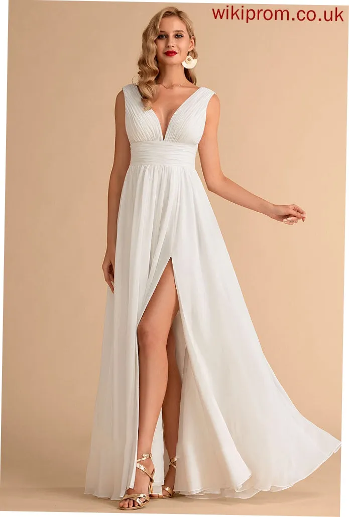 A-Line Dress Front Split Wedding Dresses Floor-Length Chiffon With Sydnee V-neck Wedding