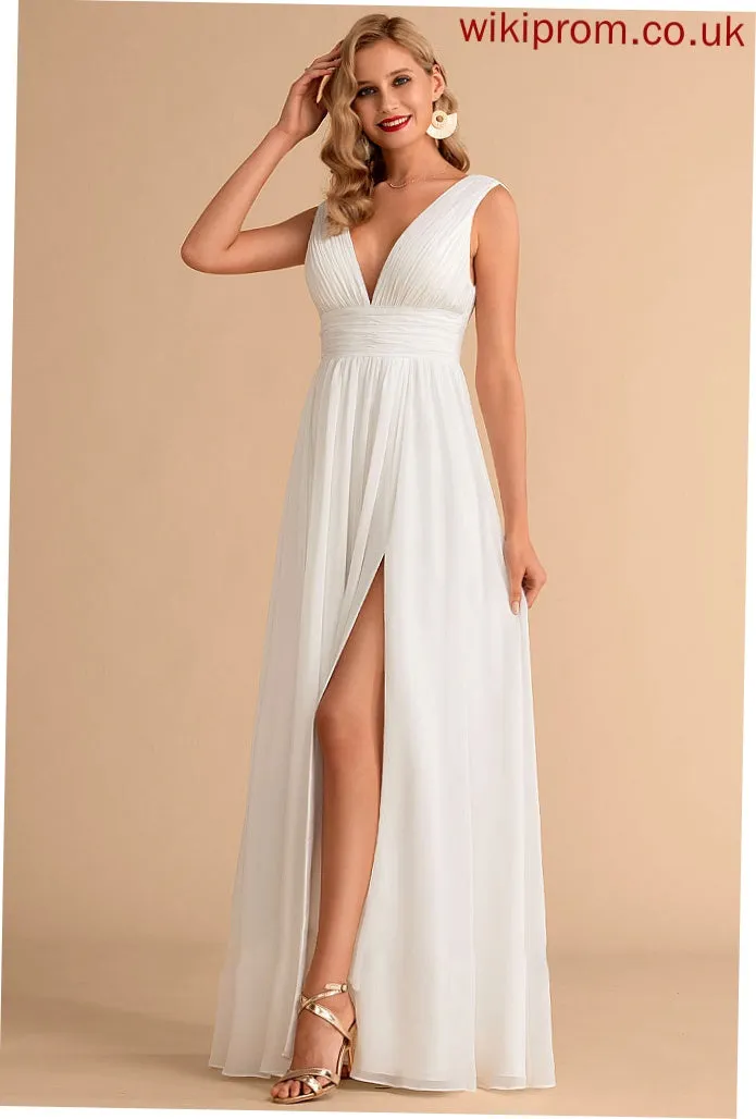 A-Line Dress Front Split Wedding Dresses Floor-Length Chiffon With Sydnee V-neck Wedding