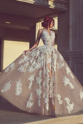 A-line Long Appliques Wedding Dresses,Charming Sleeveless Prom Dress OK779