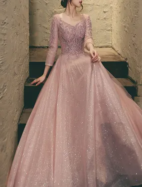 A-Line Prom Dresses Elegant Dress Wedding Guest Prom Floor Length 3/4 Length Sleeve V Neck Lace with Appliques