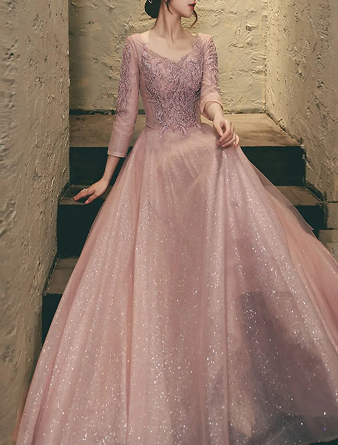 A-Line Prom Dresses Elegant Dress Wedding Guest Prom Floor Length 3/4 Length Sleeve V Neck Lace with Appliques