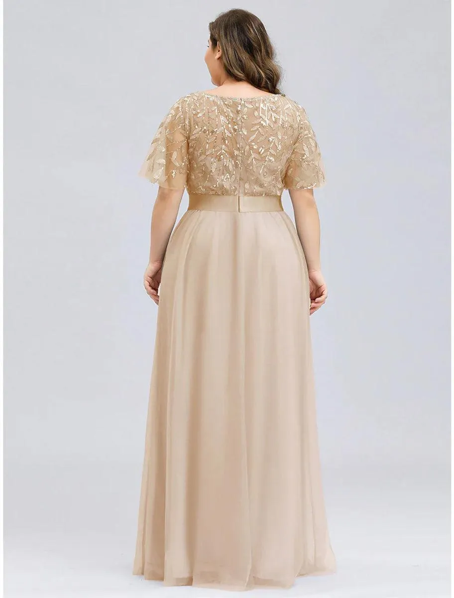 A-Line Prom Dresses Empire Dress Wedding Guest Floor Length Short Sleeve Jewel Neck Tulle with Sequin Appliques