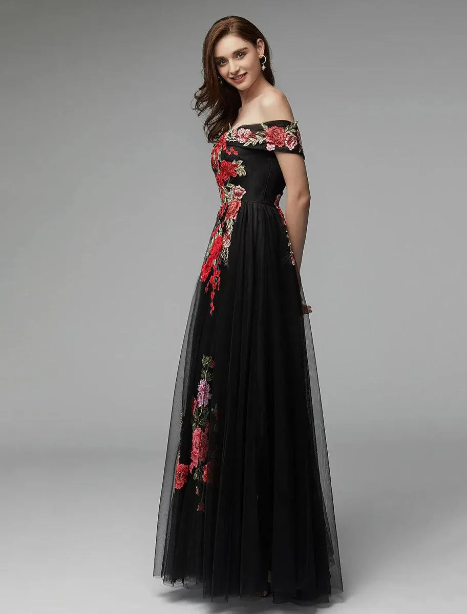A-Line Prom Dresses Floral Dress Wedding Guest Prom Floor Length Sleeveless Off Shoulder Lace Over Tulle with Embroidery Appliques