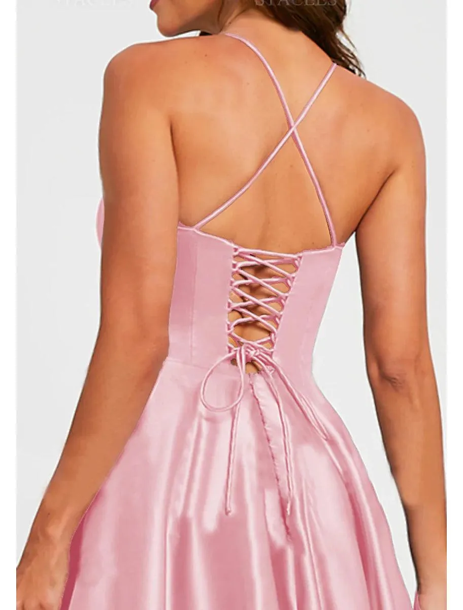 A-Line Prom Dresses Minimalist Dress Formal Wedding Guest Floor Length Sleeveless V Neck Bridesmaid Dress Stretch Satin Backless with Pleats Ruched