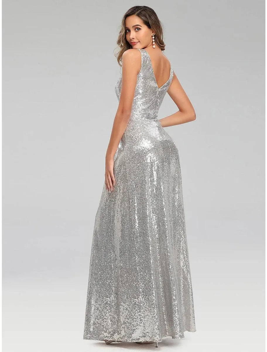 A-Line Prom Dresses Sparkle Dress Wedding Guest Engagement Floor Length Sleeveless V Neck Polyester V Back with Sequin