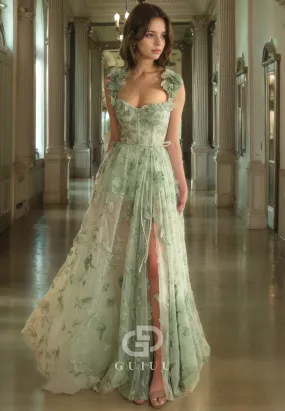 A-Line Square Strapless Sleeveless 3D Butterfly Long Prom Dress with Slit