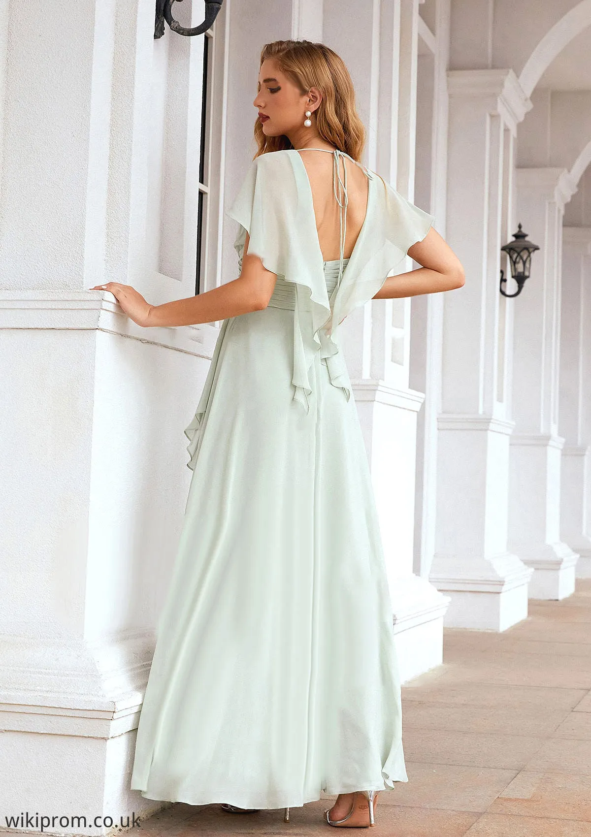 A-line V Neck Short Sleeve Chiffon Long/Floor-Length Bridesmaid Dresses With Pleated Ruffles Addisyn SWKP0025626