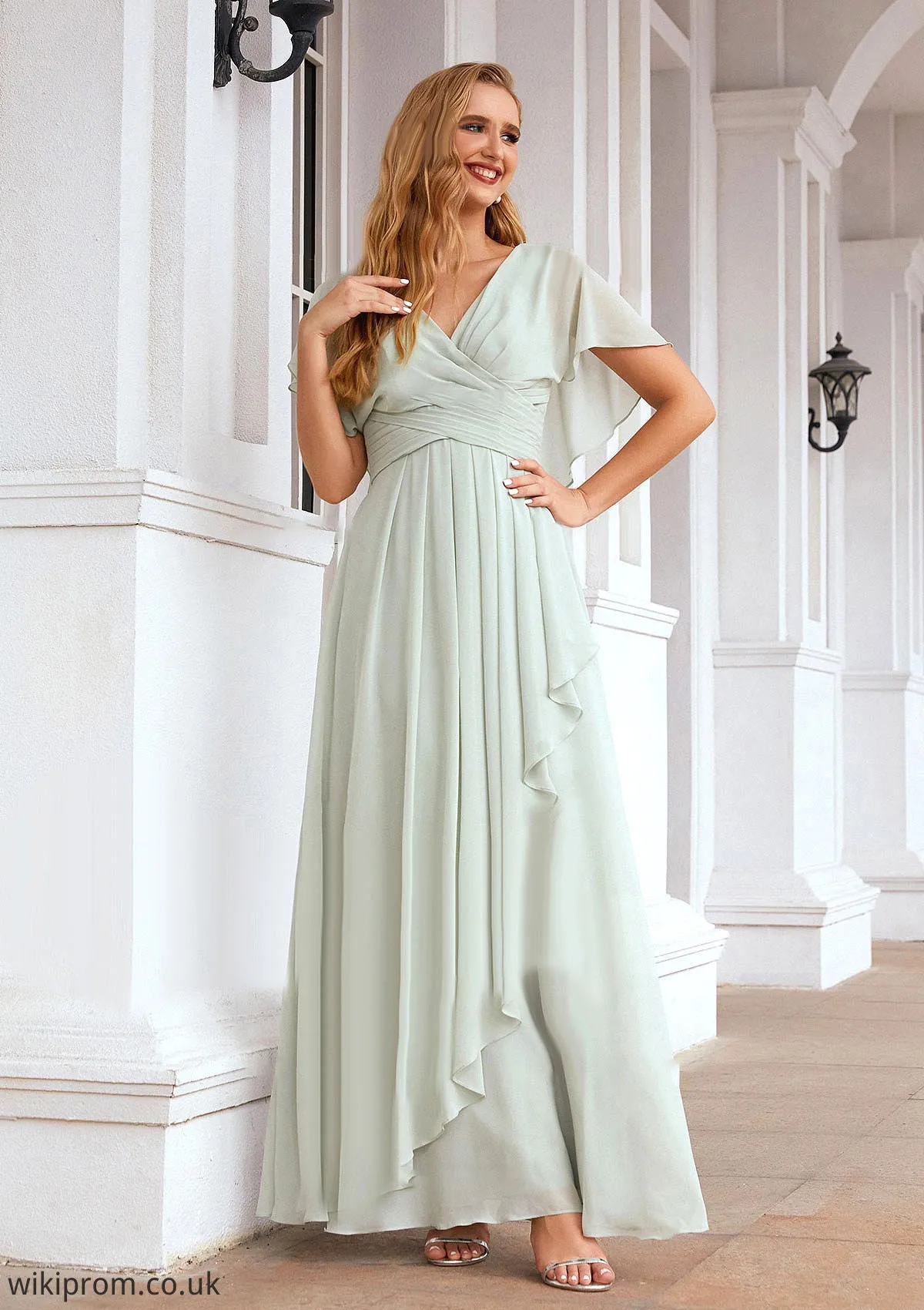 A-line V Neck Short Sleeve Chiffon Long/Floor-Length Bridesmaid Dresses With Pleated Ruffles Addisyn SWKP0025626