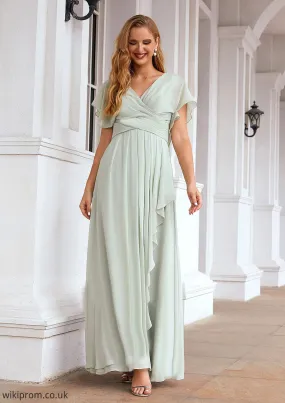 A-line V Neck Short Sleeve Chiffon Long/Floor-Length Bridesmaid Dresses With Pleated Ruffles Addisyn SWKP0025626