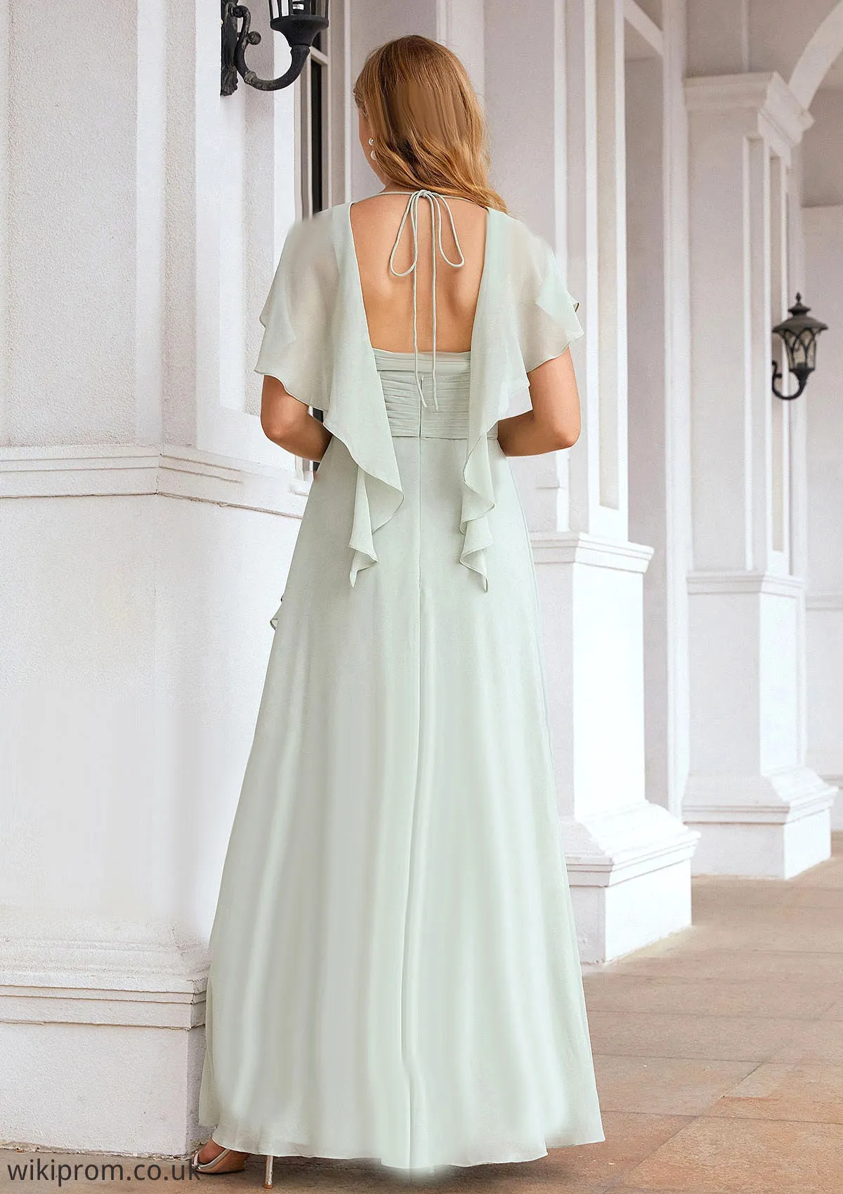 A-line V Neck Short Sleeve Chiffon Long/Floor-Length Bridesmaid Dresses With Pleated Ruffles Addisyn SWKP0025626