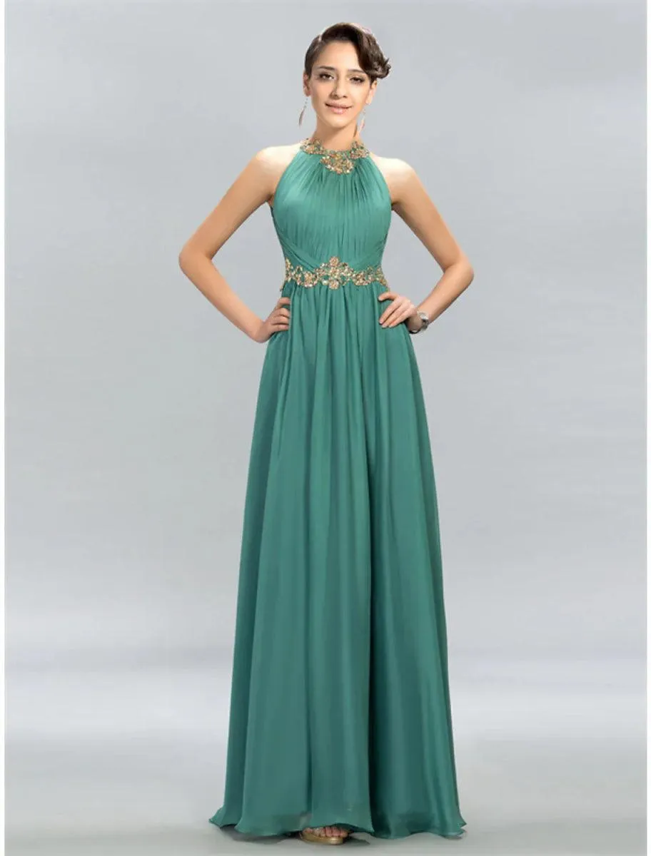 A-Line Wedding Guest Dresses Maxi Dress Party Wear Wedding Party Floor Length Sleeveless Halter Neck Chiffon with Ruched Appliques