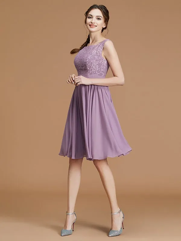 A-Line/Princess Bateau Sleeveless Short/Mini Lace Chiffon Bridesmaid Dresses
