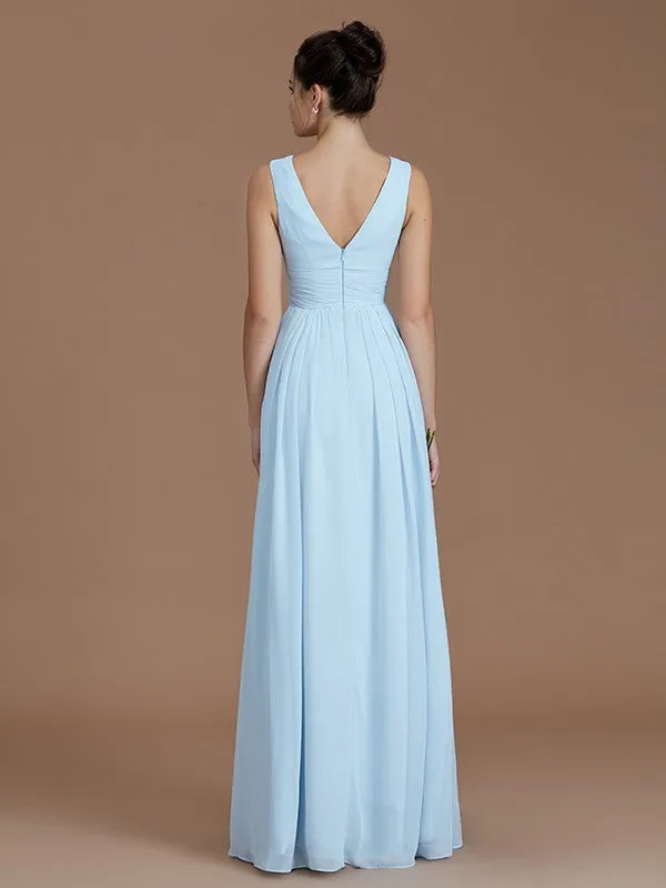 A-Line/Princess Chiffon Ruffles V-neck Short Sleeves Floor-Length Bridesmaid Dresses