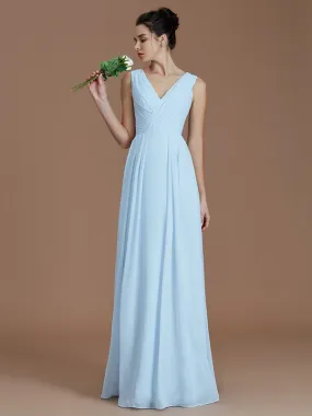 A-Line/Princess Chiffon Ruffles V-neck Short Sleeves Floor-Length Bridesmaid Dresses