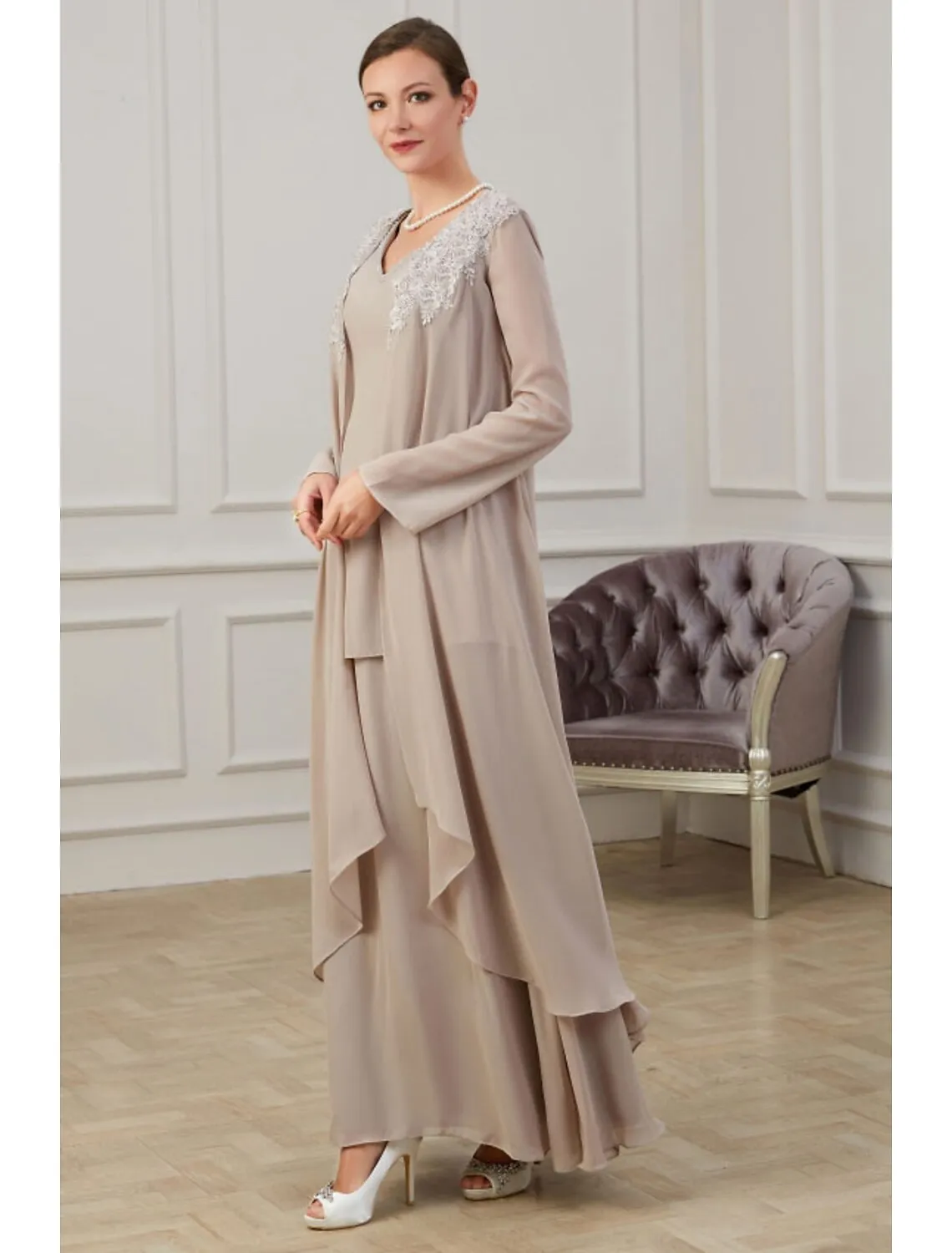 Aimishang  A-Line Mother of the Bride Dress Wedding Guest Elegant Jewel Neck Floor Length Chiffon Long Sleeve Jacket Dresses with Appliques Fall