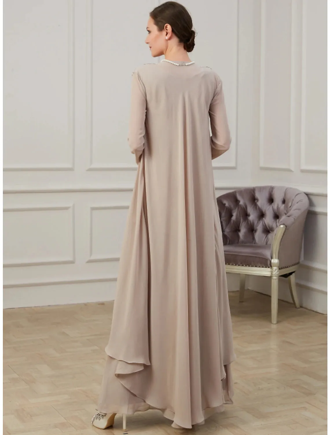 Aimishang  A-Line Mother of the Bride Dress Wedding Guest Elegant Jewel Neck Floor Length Chiffon Long Sleeve Jacket Dresses with Appliques Fall