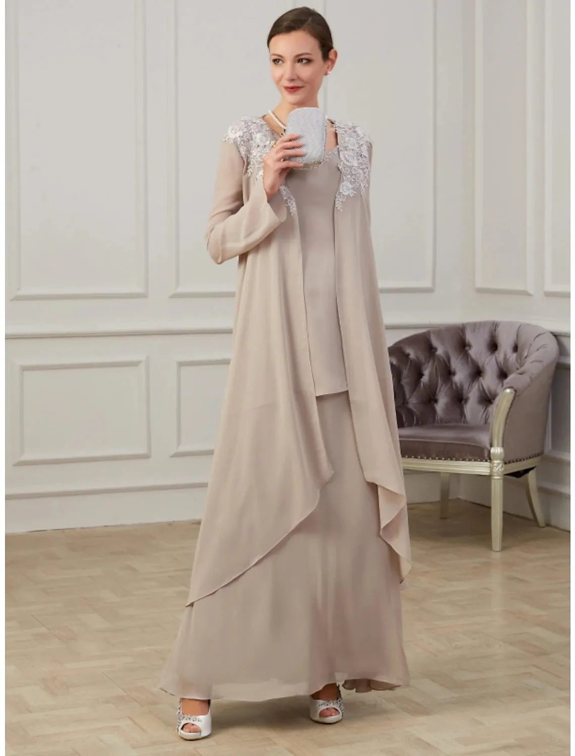 Aimishang  A-Line Mother of the Bride Dress Wedding Guest Elegant Jewel Neck Floor Length Chiffon Long Sleeve Jacket Dresses with Appliques Fall