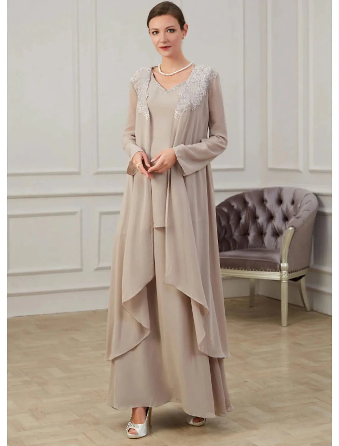 Aimishang  A-Line Mother of the Bride Dress Wedding Guest Elegant Jewel Neck Floor Length Chiffon Long Sleeve Jacket Dresses with Appliques Fall