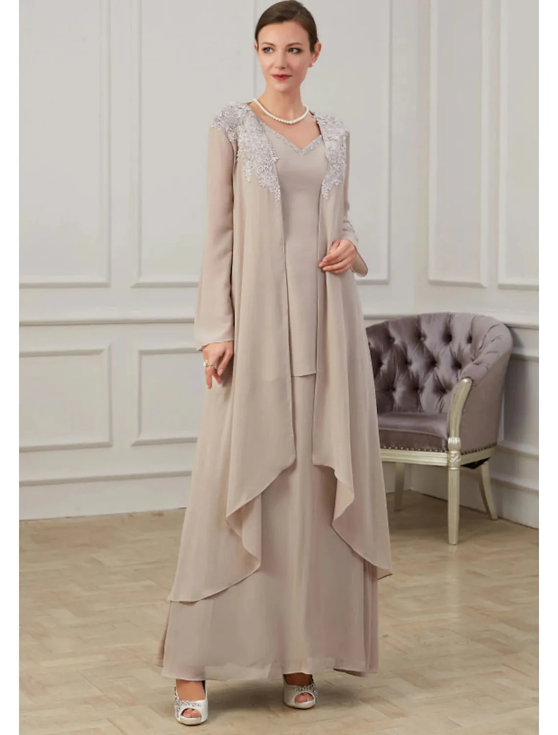 Aimishang  A-Line Mother of the Bride Dress Wedding Guest Elegant Jewel Neck Floor Length Chiffon Long Sleeve Jacket Dresses with Appliques Fall