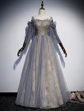 Aimishang   A-Line Prom Dresses Glittering Dress Wedding Guest Floor Length 3/4 Length Sleeve Spaghetti Strap Tulle with Sequin Embroidery
