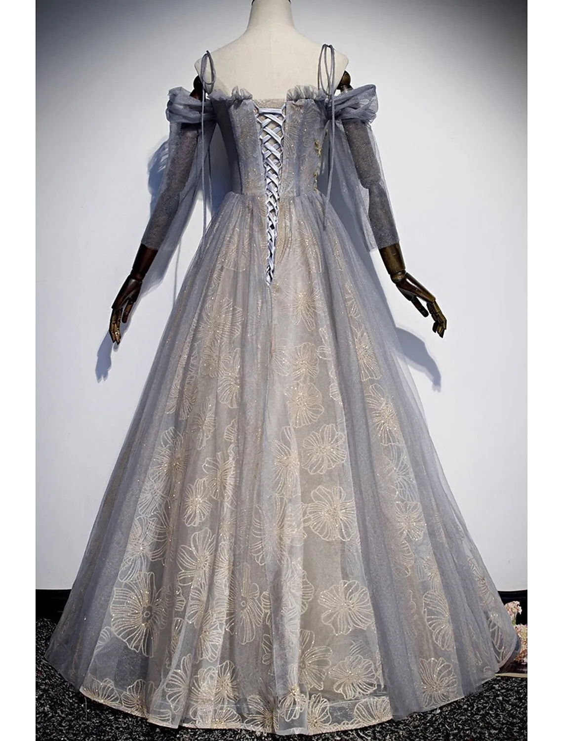 Aimishang   A-Line Prom Dresses Glittering Dress Wedding Guest Floor Length 3/4 Length Sleeve Spaghetti Strap Tulle with Sequin Embroidery