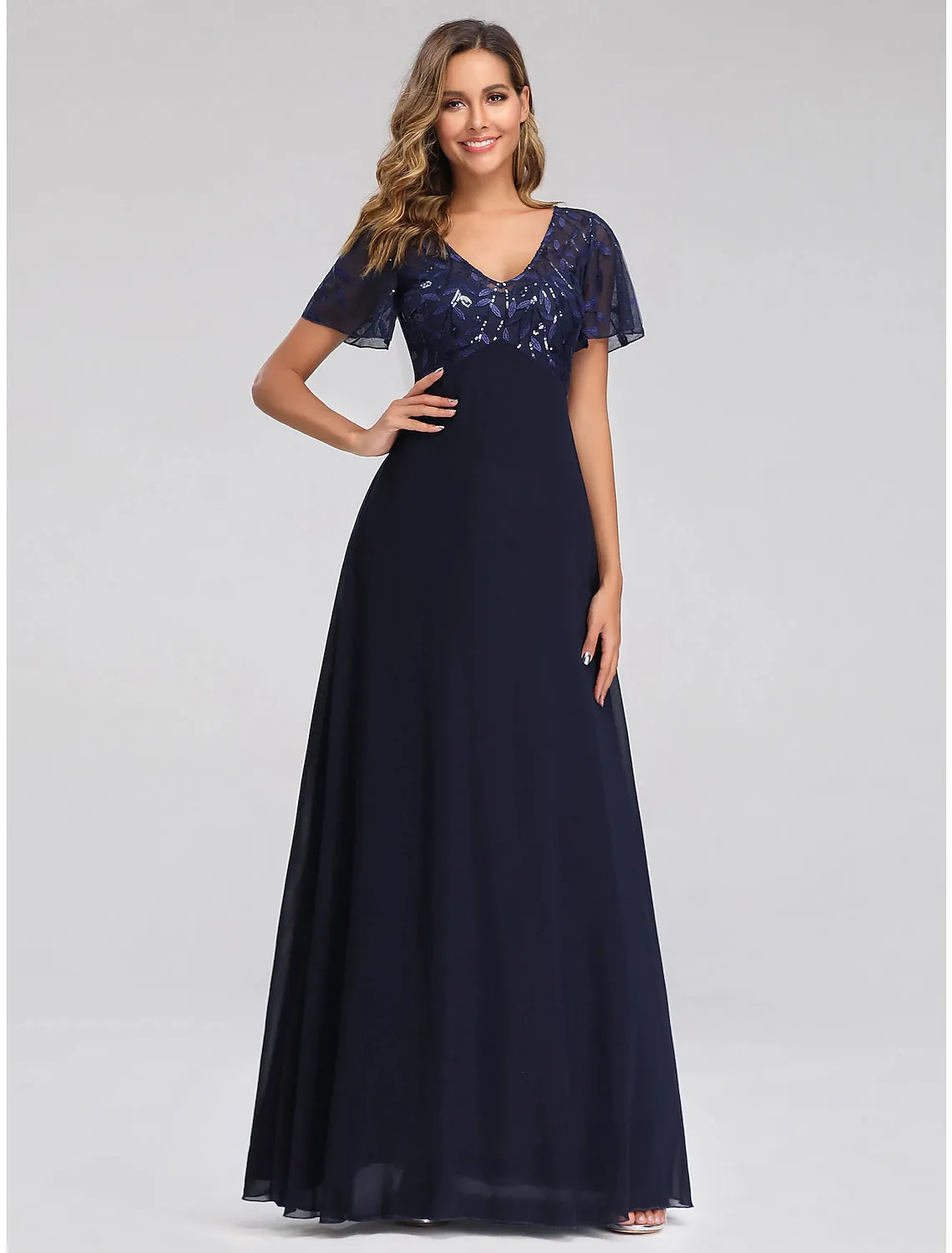 Aimishang    A-Line Wedding Guest Dresses Elegant Dress Fall Floor Length Short Sleeve V Neck Bridesmaid Dress Tulle with Sequin Appliques