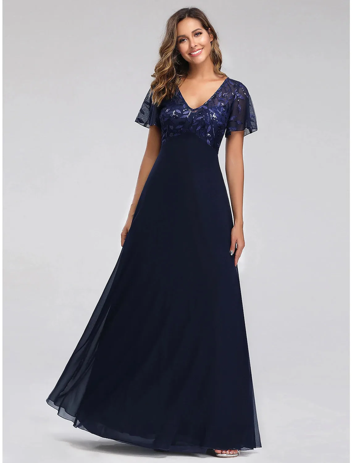 Aimishang    A-Line Wedding Guest Dresses Elegant Dress Fall Floor Length Short Sleeve V Neck Bridesmaid Dress Tulle with Sequin Appliques