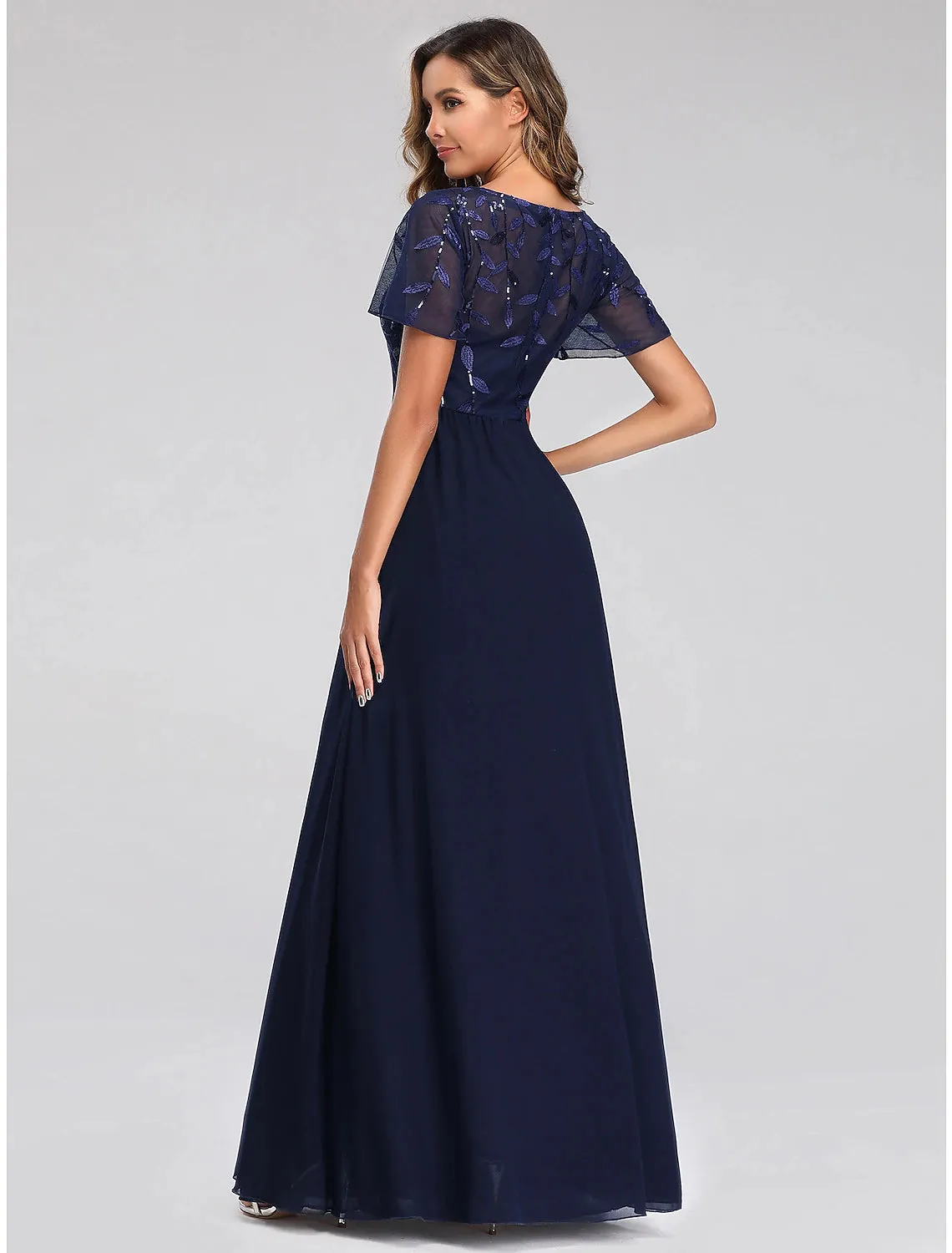 Aimishang    A-Line Wedding Guest Dresses Elegant Dress Fall Floor Length Short Sleeve V Neck Bridesmaid Dress Tulle with Sequin Appliques