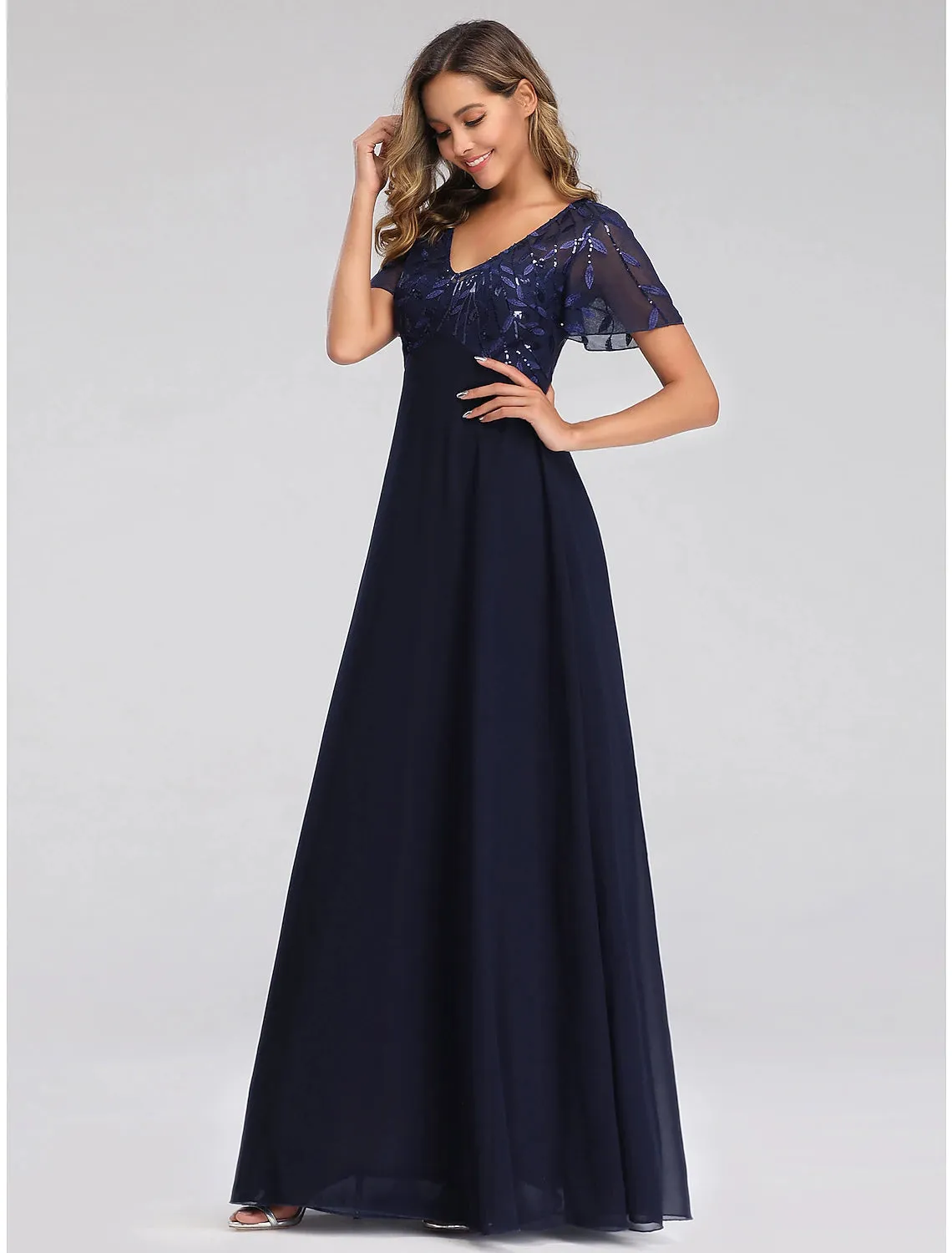Aimishang    A-Line Wedding Guest Dresses Elegant Dress Fall Floor Length Short Sleeve V Neck Bridesmaid Dress Tulle with Sequin Appliques