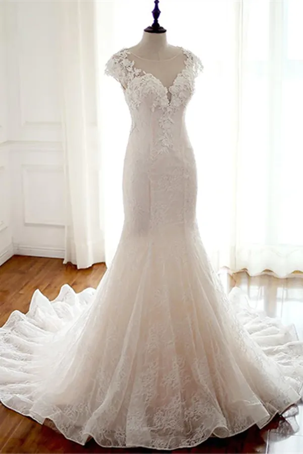 Anneprom Chic Trumpet Mermaid Wedding Dresses Long Modest Cheap Wedding Dress With Lace APW0392