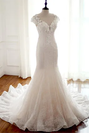 Anneprom Chic Trumpet Mermaid Wedding Dresses Long Modest Cheap Wedding Dress With Lace APW0392