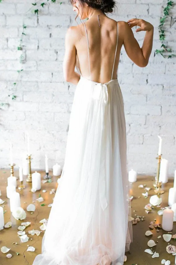 Anneprom Simple Deep V-Neck Sweep Train Ivory Wedding Dresses With Straps APPW0001