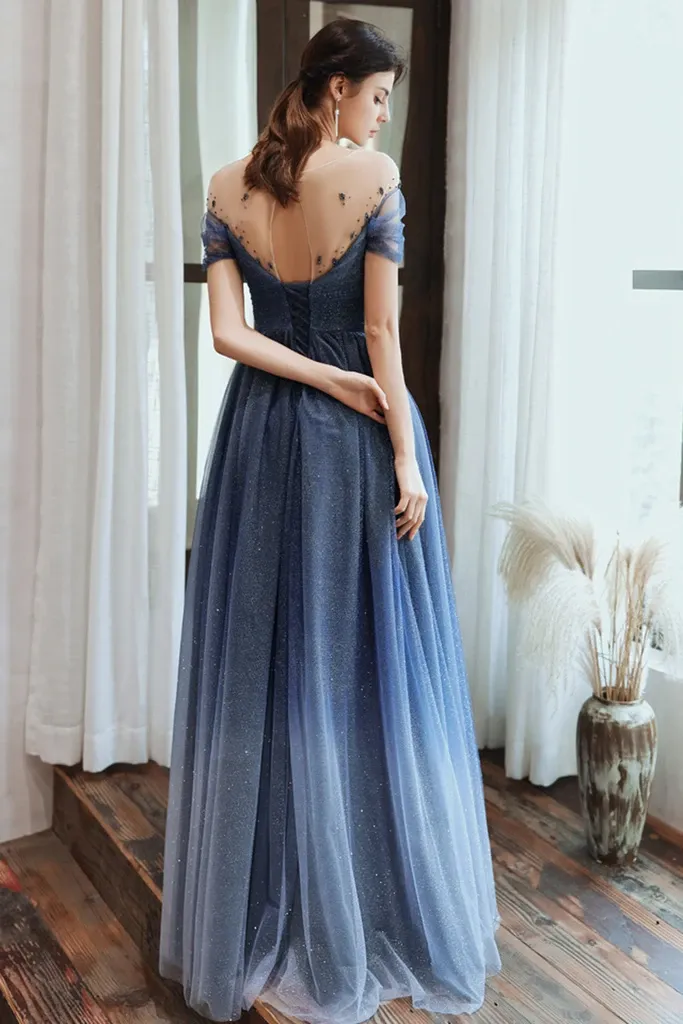 Anneprom Stunning Blue Long Prom Dress Tulle Beaded Evening Dress With Sleeve APW0357