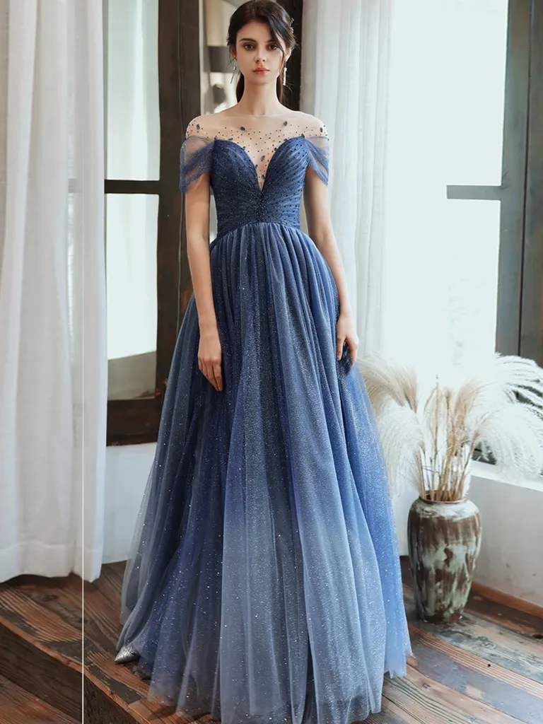 Anneprom Stunning Blue Long Prom Dress Tulle Beaded Evening Dress With Sleeve APW0357