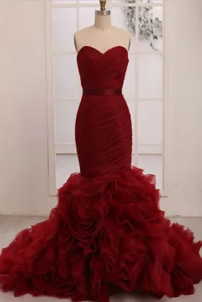 Anneprom Sweetheart Mermaid Tiered Train Organza Wedding Dress With Sash APW0169