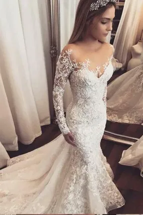 Anneprom Trumpet/Mermaid Ivory Lace Wedding Dress Sweep/Brush Train Scoop Long Sleeve Wedding Dress APW0280