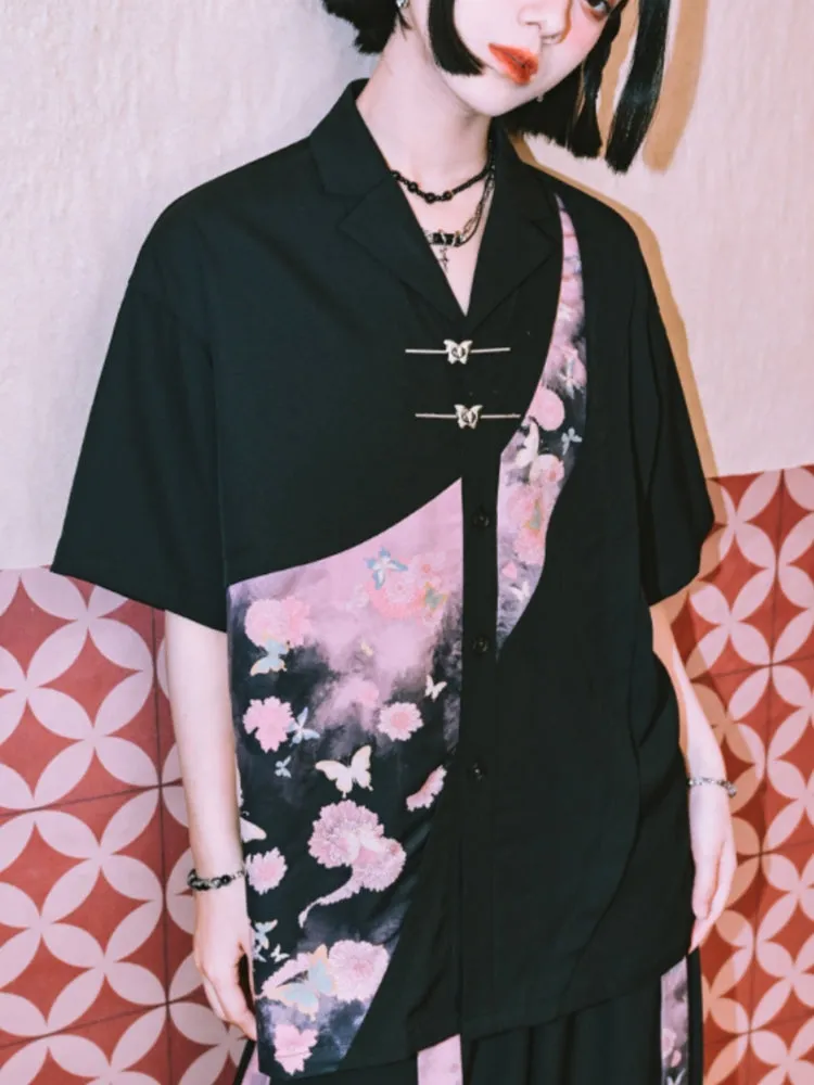Artistic Patchwork Printed Chinese-Style Shirt