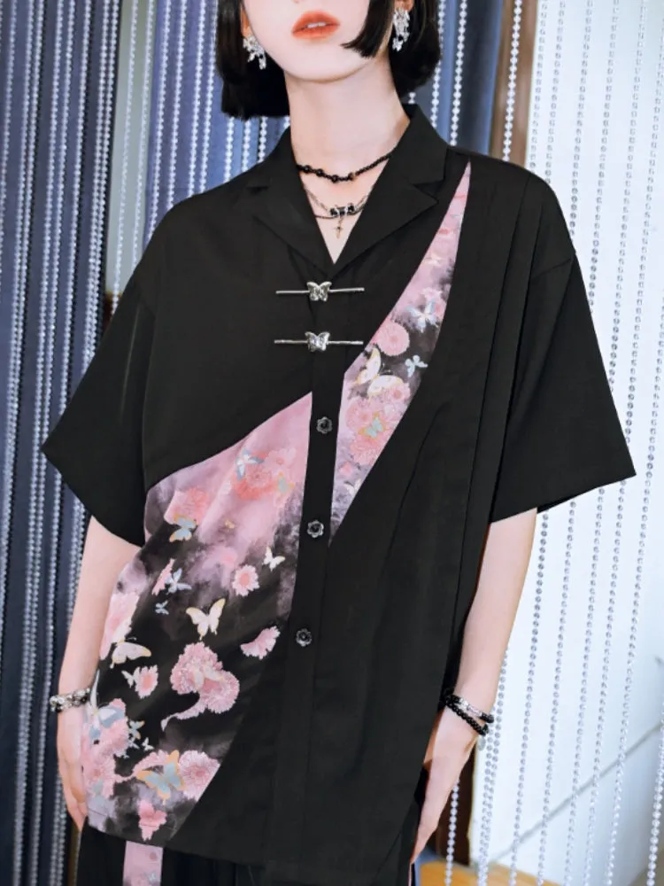Artistic Patchwork Printed Chinese-Style Shirt