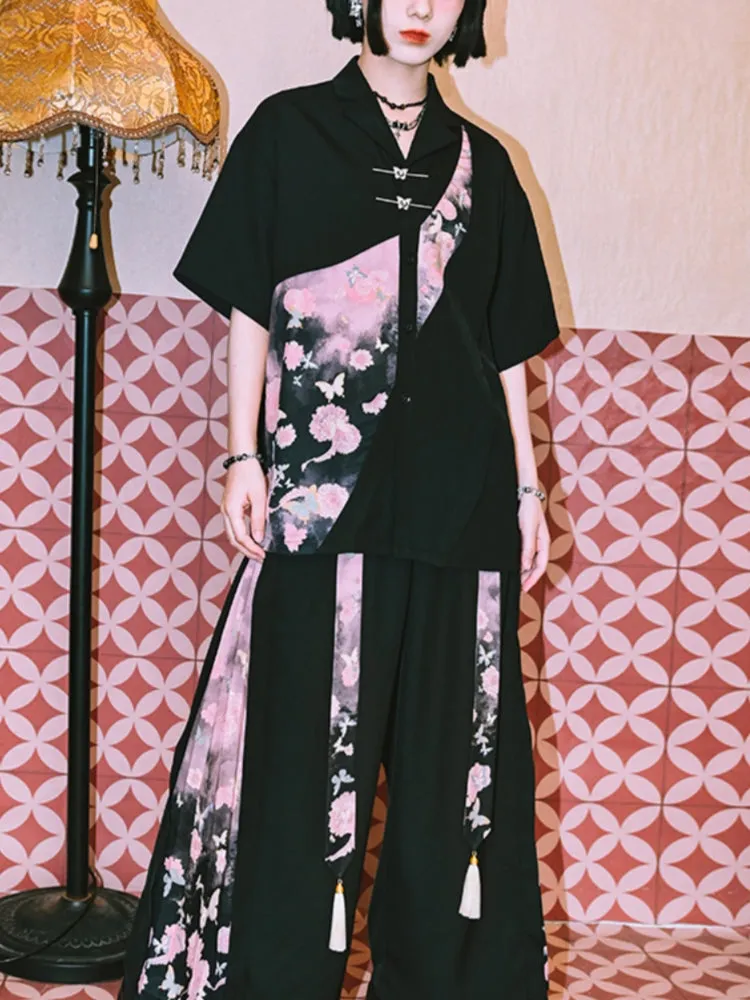 Artistic Patchwork Printed Chinese-Style Shirt