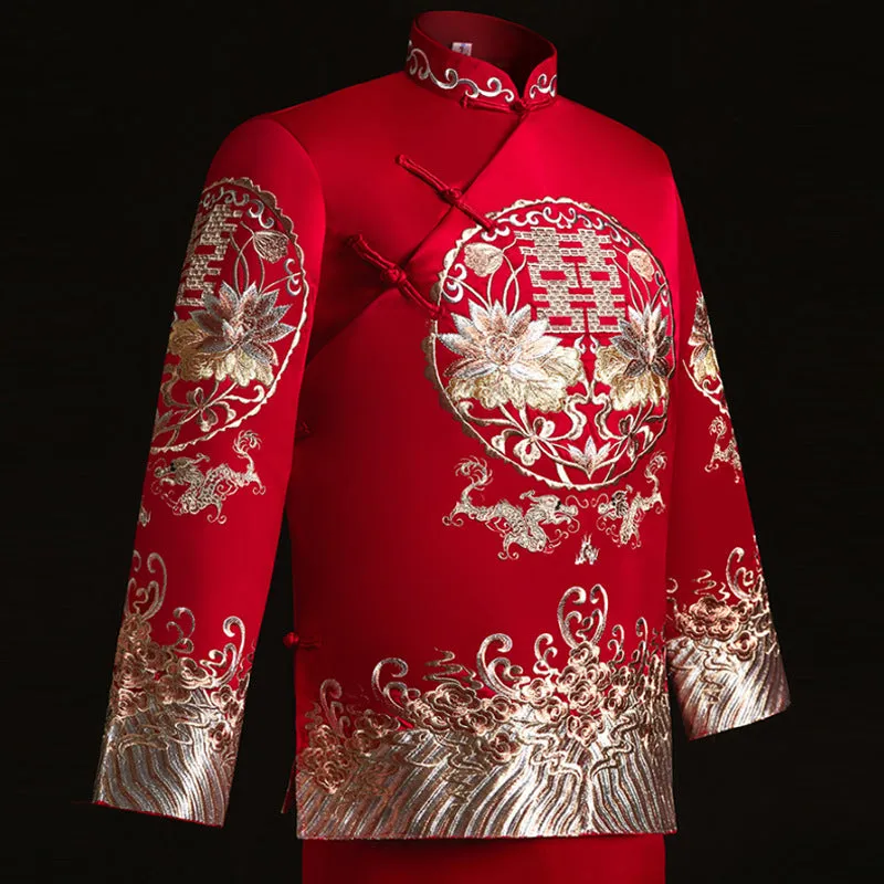 Auspicious & Floral Embroidery Full Length Traditional Chinese Groom Suit